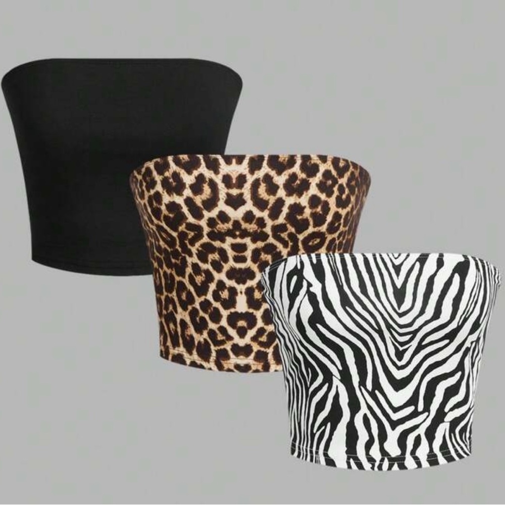 Set of 3 black and animal print tube tops size M.
